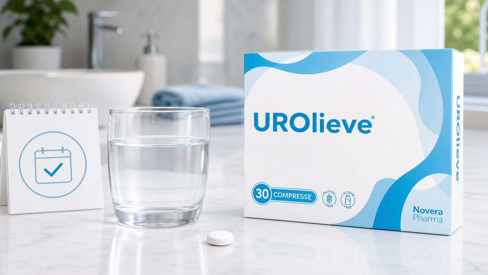 Confezione stile Urolieve con compressa e bicchiere d'acqua