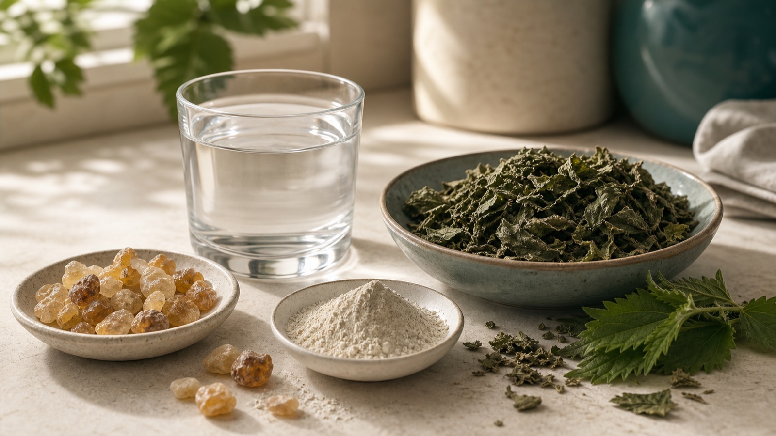Boswellia, ortica essiccata, minerali e acqua su piano chiaro