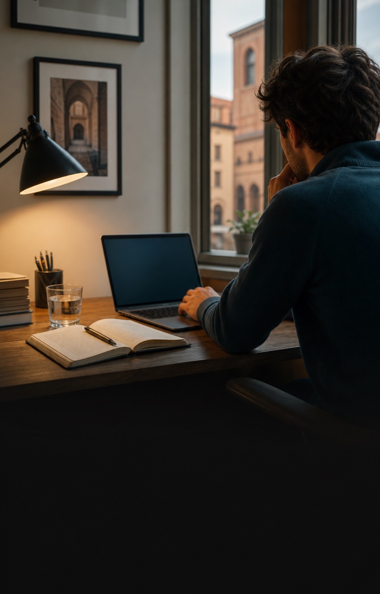 Ritratto fotografico di un uomo italiano di 29 anni, occhiali dalla montatura sottile, capelli castano chiaro mossi, viso magro, maglione grigio, seduto a una scrivania con libri, luce calda da lampada, atmosfera riflessiva, stile reportage