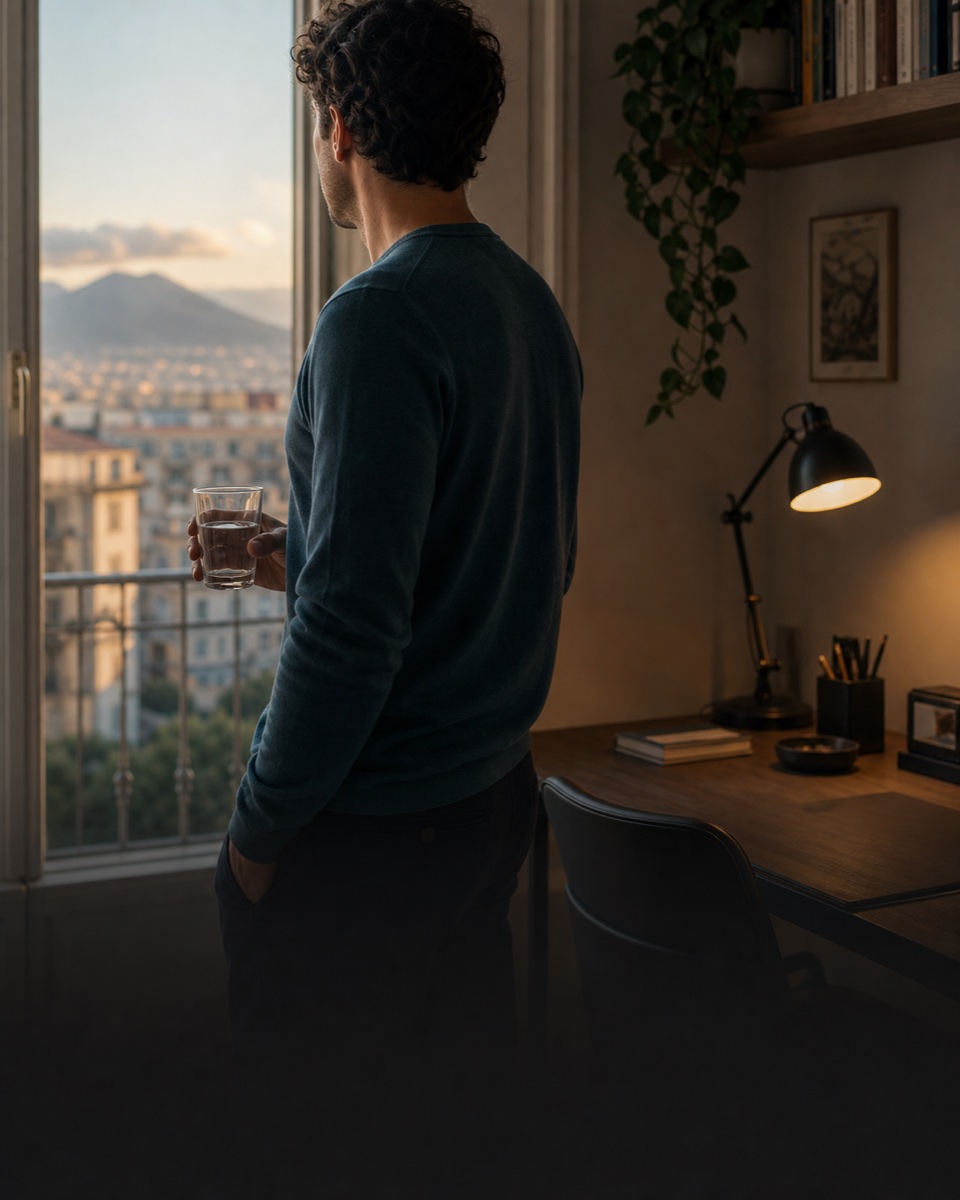 Ritratto fotografico di un uomo italiano di 31 anni, carnagione olivastra, capelli neri ricci corti, sorriso lieve e rilassato, polo verde scuro, terrazza napoletana con vegetazione sullo sfondo, luce mediterranea brillante, stile lifestyle autentico