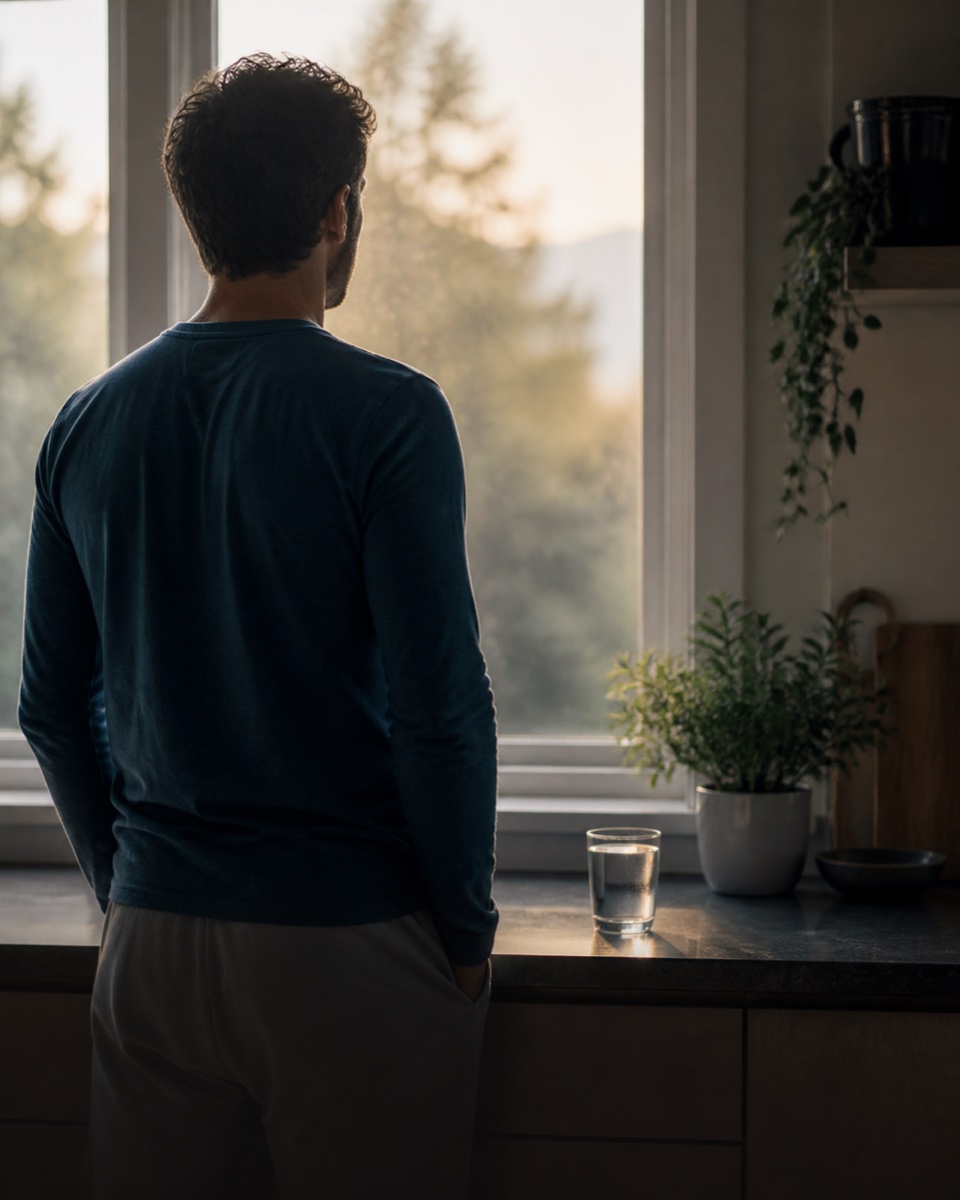 Ritratto fotografico documentaristico di un uomo italiano di 34 anni, capelli scuri corti, barba di tre giorni, espressione sollevata e seria, camicia di lino azzurra, appartamento urbano milanese con luce naturale morbida da finestra, sfondo sfocato, tono editoriale realistico